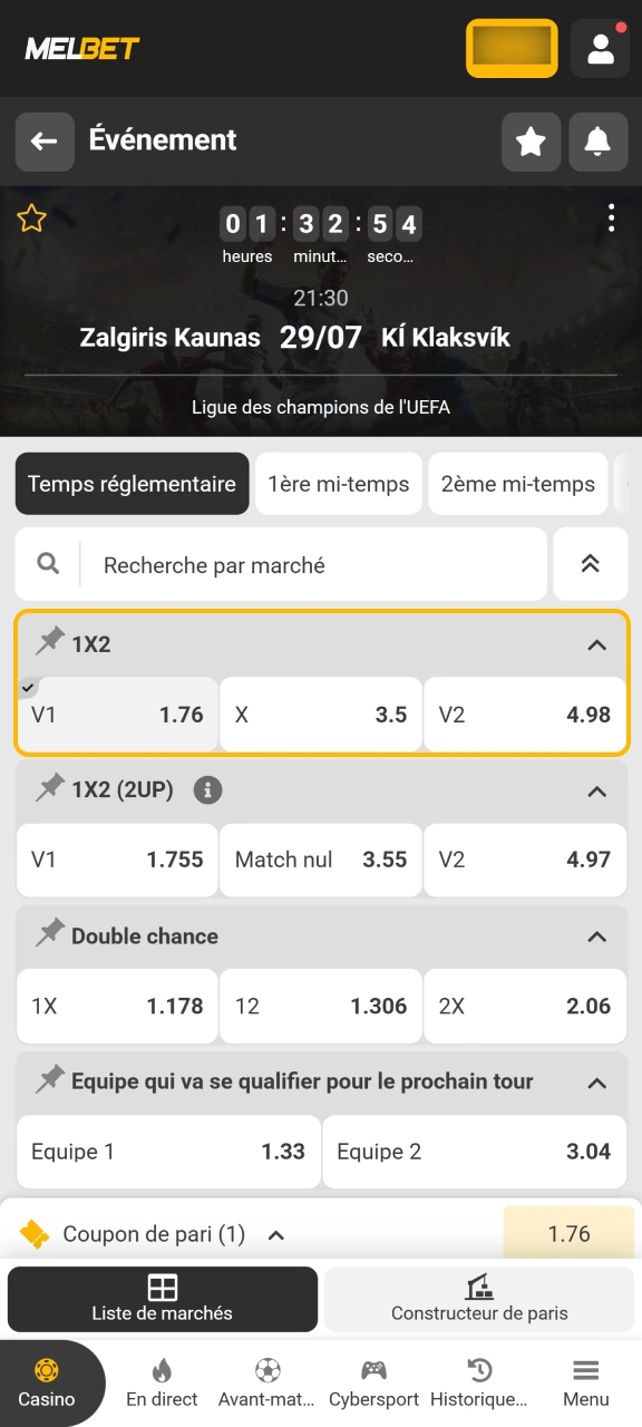 Indiquez le montant de votre pronostic sur la plateforme Melbet.