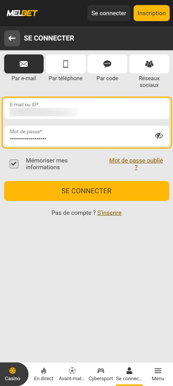 Entrez votre identifiant et votre mot de passe sur Melbet.