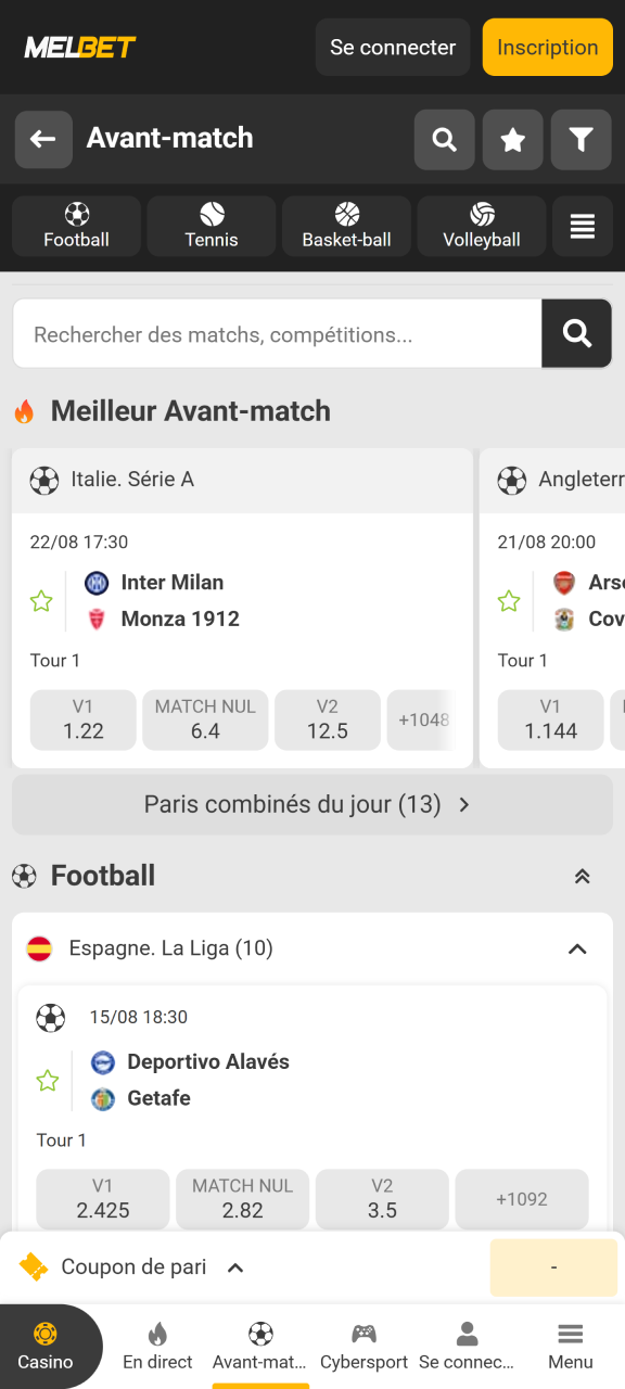 Découvrez notre vaste sélection de paris sportifs sur Melbet.
