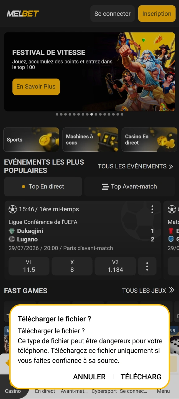 Validez l'enregistrement du fichier sur votre téléphone pour installer Melbet.