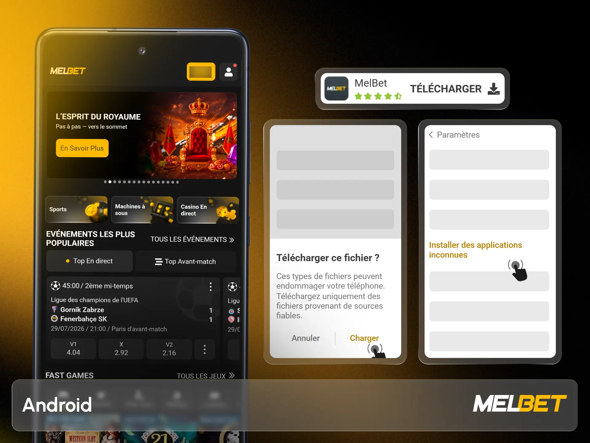 Installez l'application Android pour parier sur vos sports Melbet favoris.