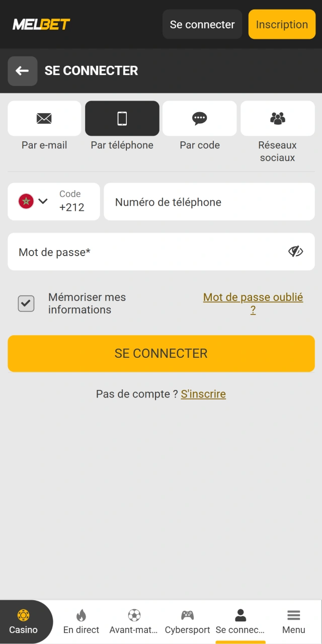 Lancez l'application iOS et connectez-vous à votre compte Melbet.