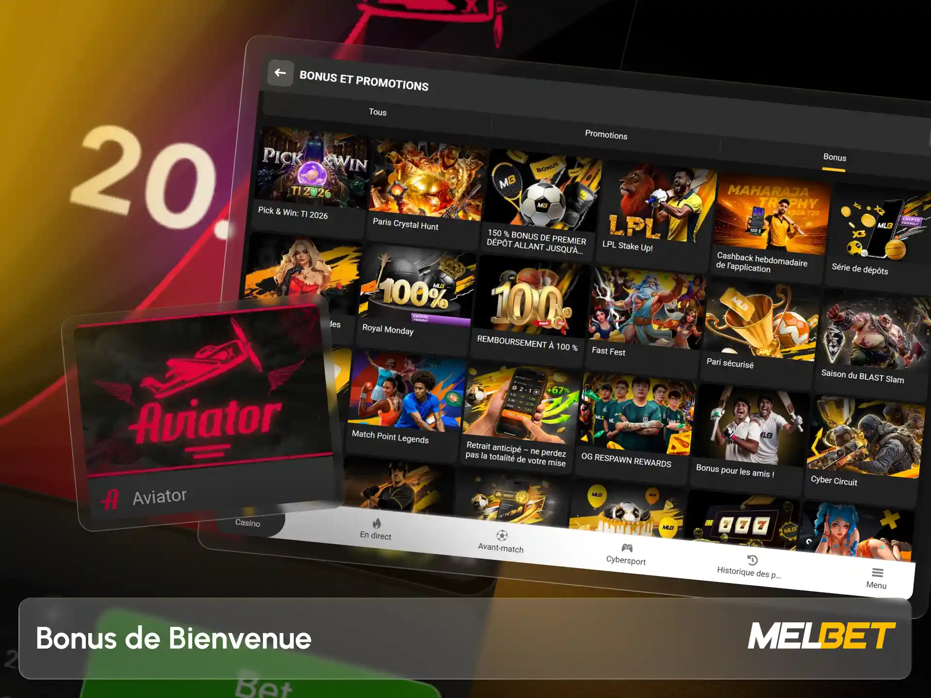 Réclamez votre bonus d'inscription pour booster vos parties Aviator Melbet.