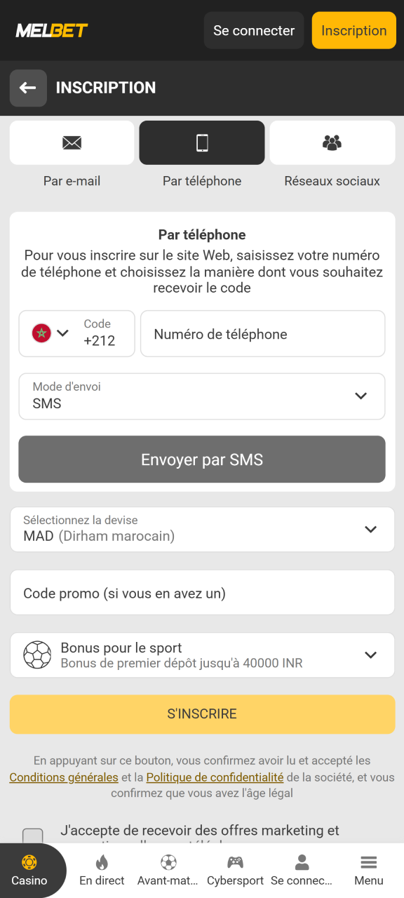 Remplissez le formulaire d'inscription pour jouer à Aviator sur Melbet.