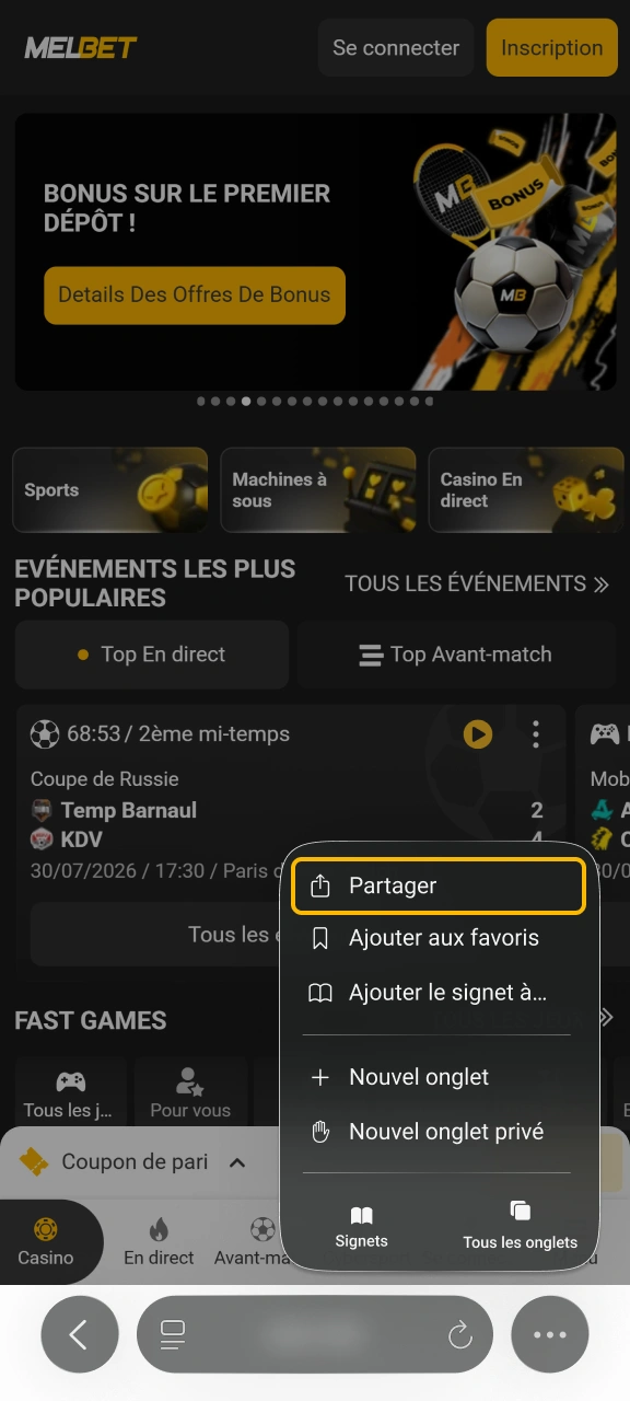 Pressez l'icône d'option de votre navigateur pour enregistrer Melbet.