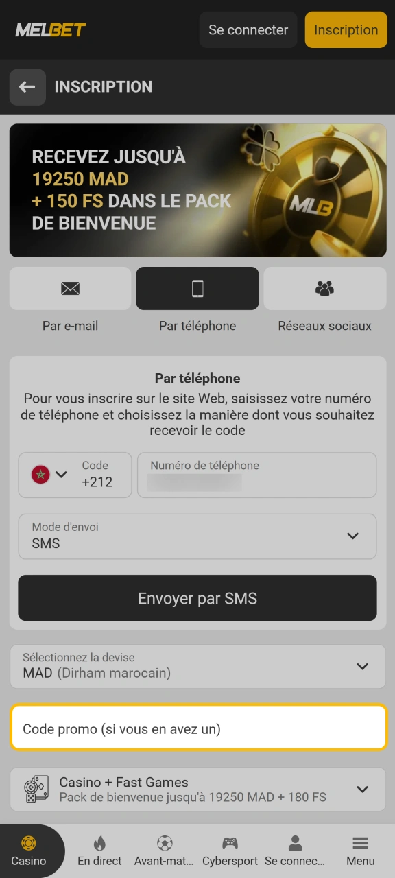 Indiquez votre coupon spécial pour débloquer des avantages sur Melbet.