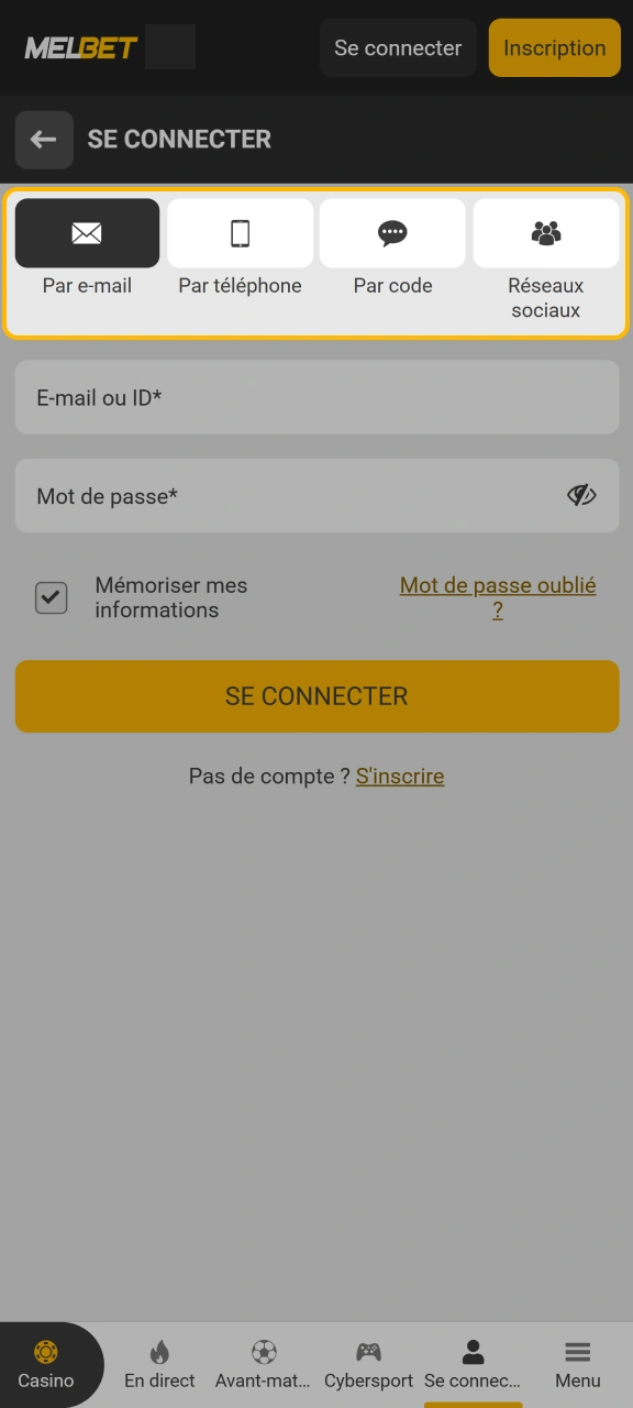 Sélectionnez votre mode d'identification préféré pour entrer sur Melbet.