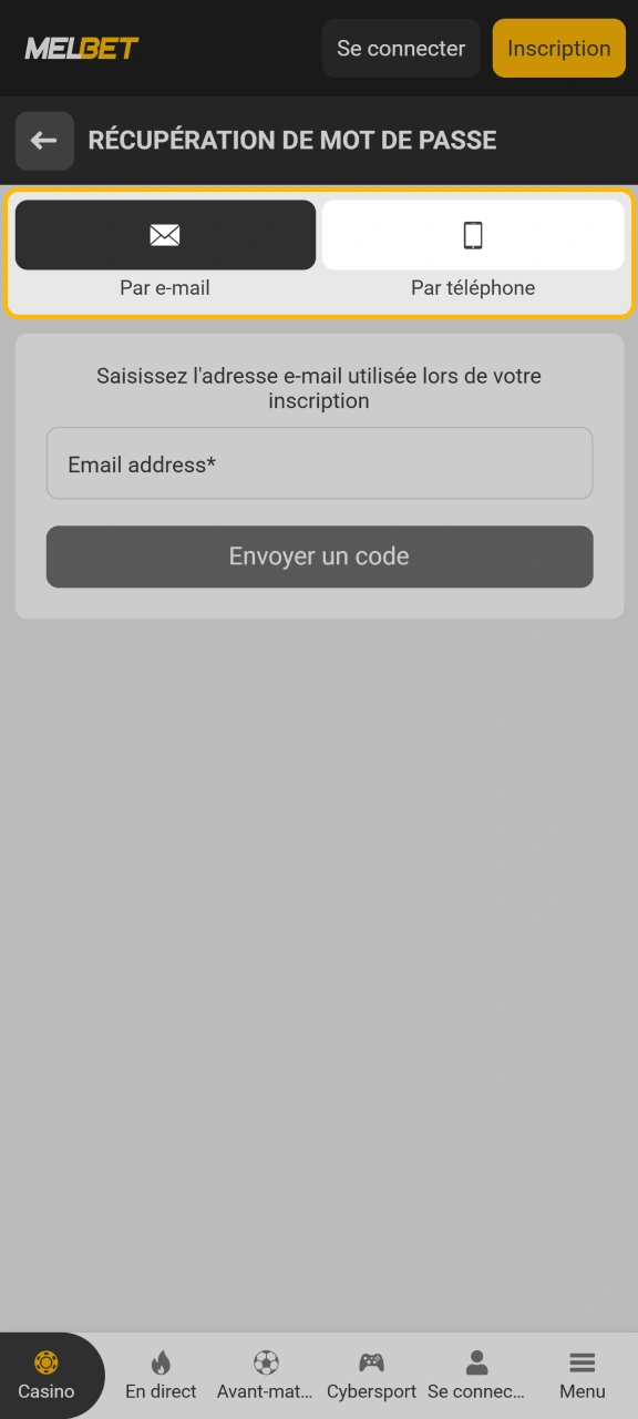 Sélectionnez la réception d'un code par SMS ou email Melbet.