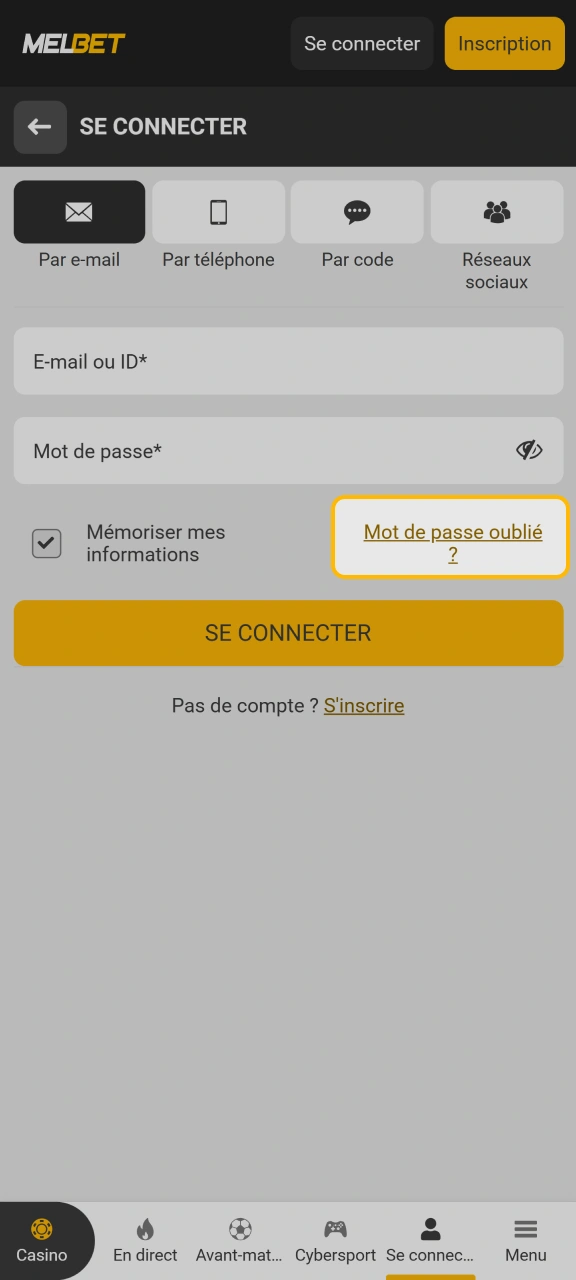 Cliquez sur l'option de réinitialisation pour récupérer votre compte Melbet.