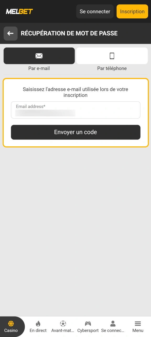 Indiquez vos coordonnées enregistrées pour débloquer votre accès sur Melbet.