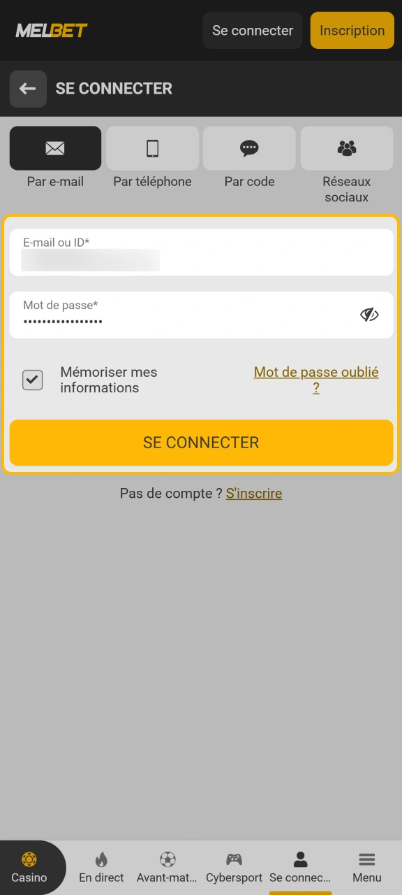 Entrez votre identifiant et votre mot de passe sécurisé sur Melbet.