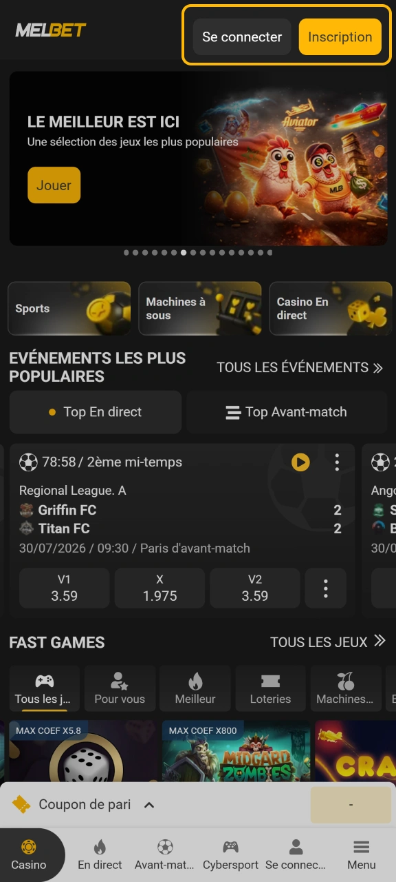 Lancez l'application mobile et accédez à votre profil joueur Melbet.