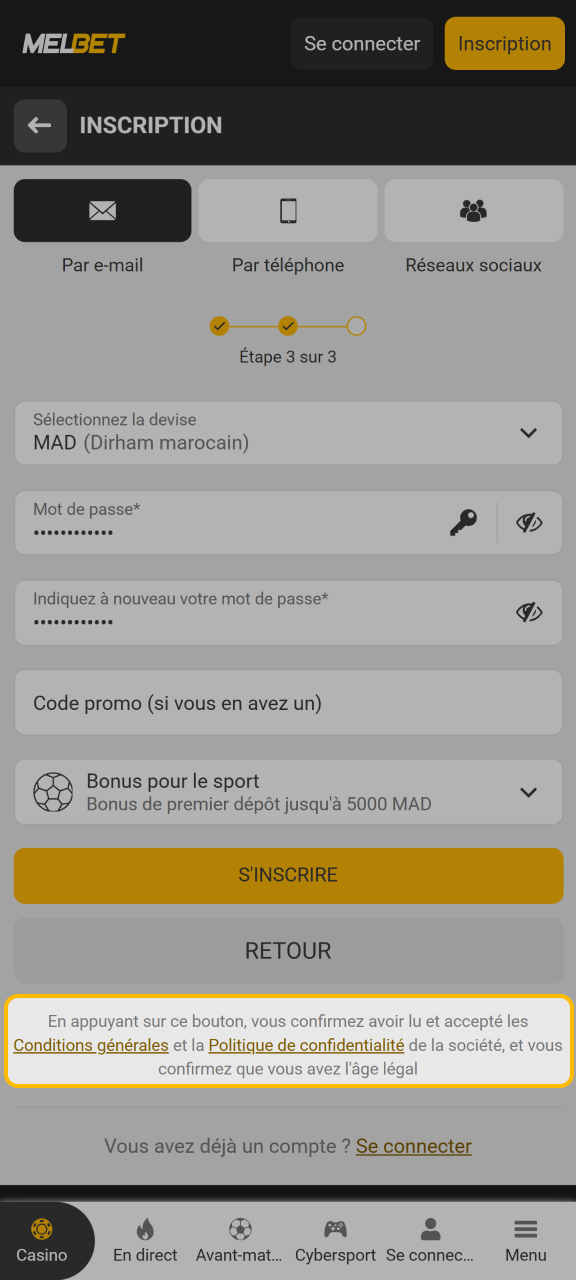 Validez les règles d'utilisation pour finaliser votre accès Melbet.
