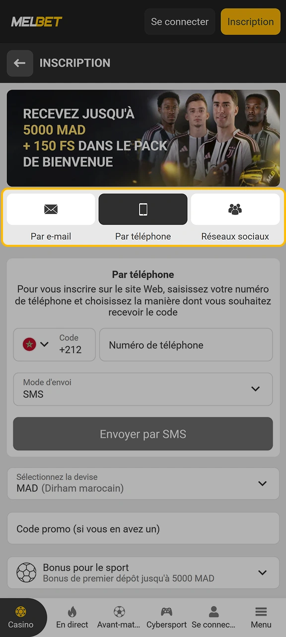 Sélectionnez le mode de création de compte idéal sur Melbet.