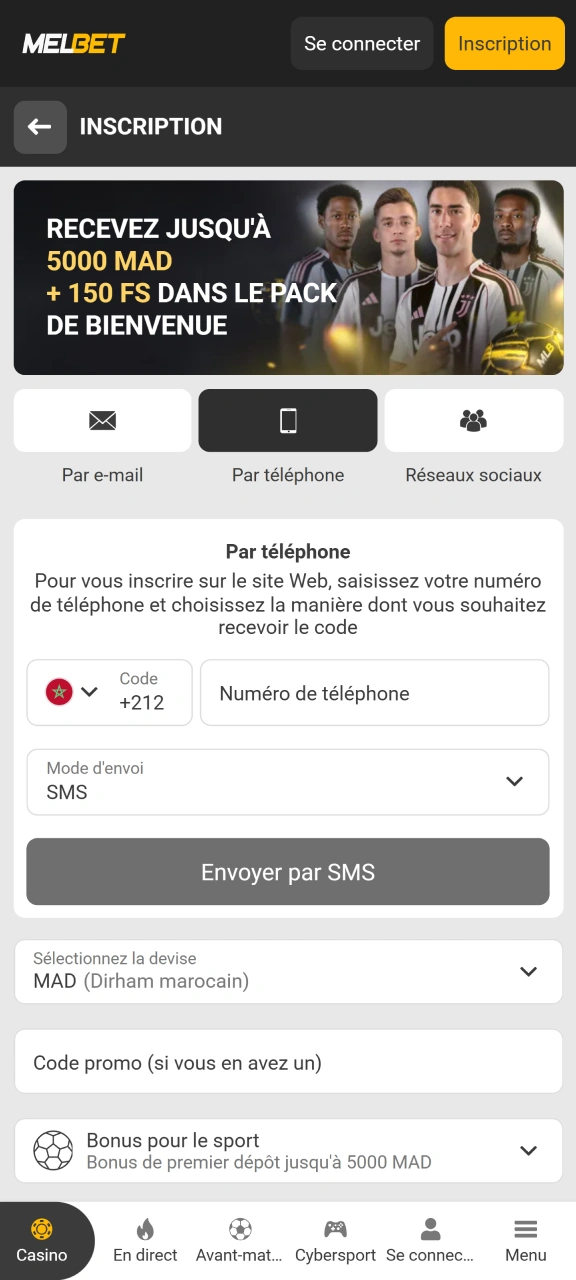 Appuyez sur l'option d'enregistrement pour créer votre profil Melbet.
