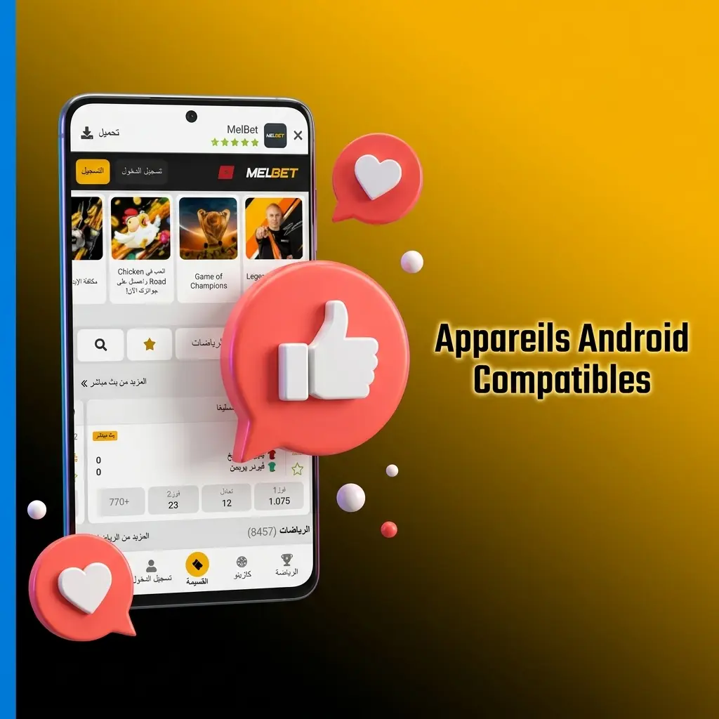 Liste des appareils Android compatibles avec l'application Melbet au Maroc, incluant Samsung, Xiaomi, OPPO et Huawei