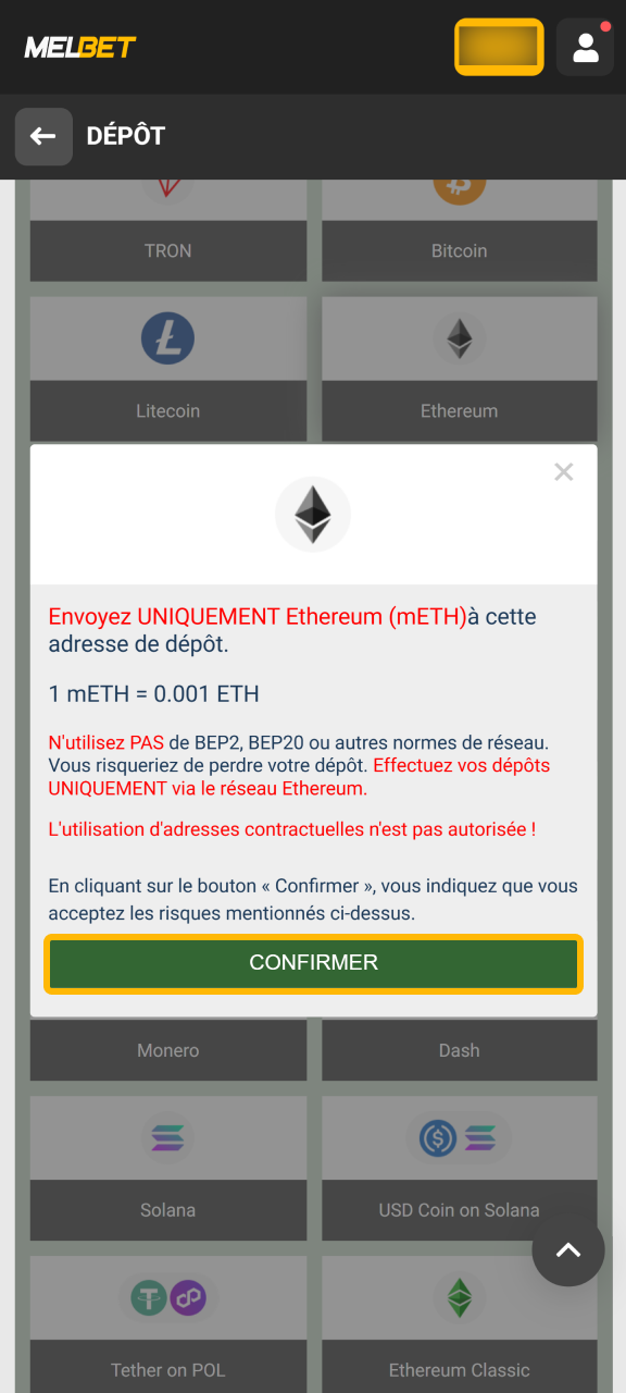 Entrez le montant du dépôt souhaité sur l'application Melbet.
