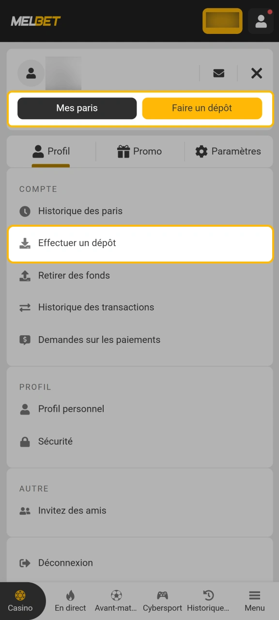 Ouvrez le menu dédié aux opérations financières sur l'application Melbet.