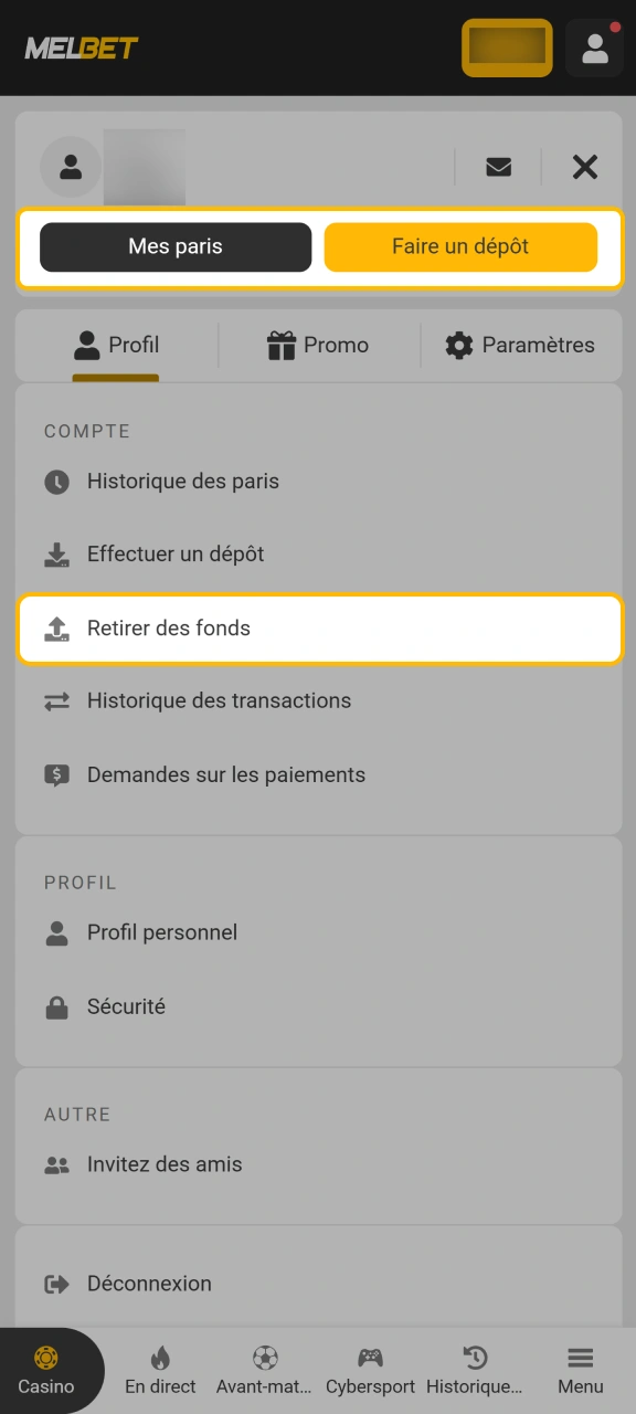 Naviguez vers l'espace financier dans l'application mobile pour Melbet.