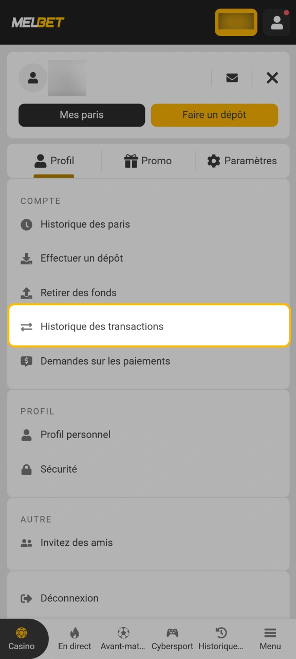 Finalisez votre demande d'encaissement depuis l'application mobile Melbet.