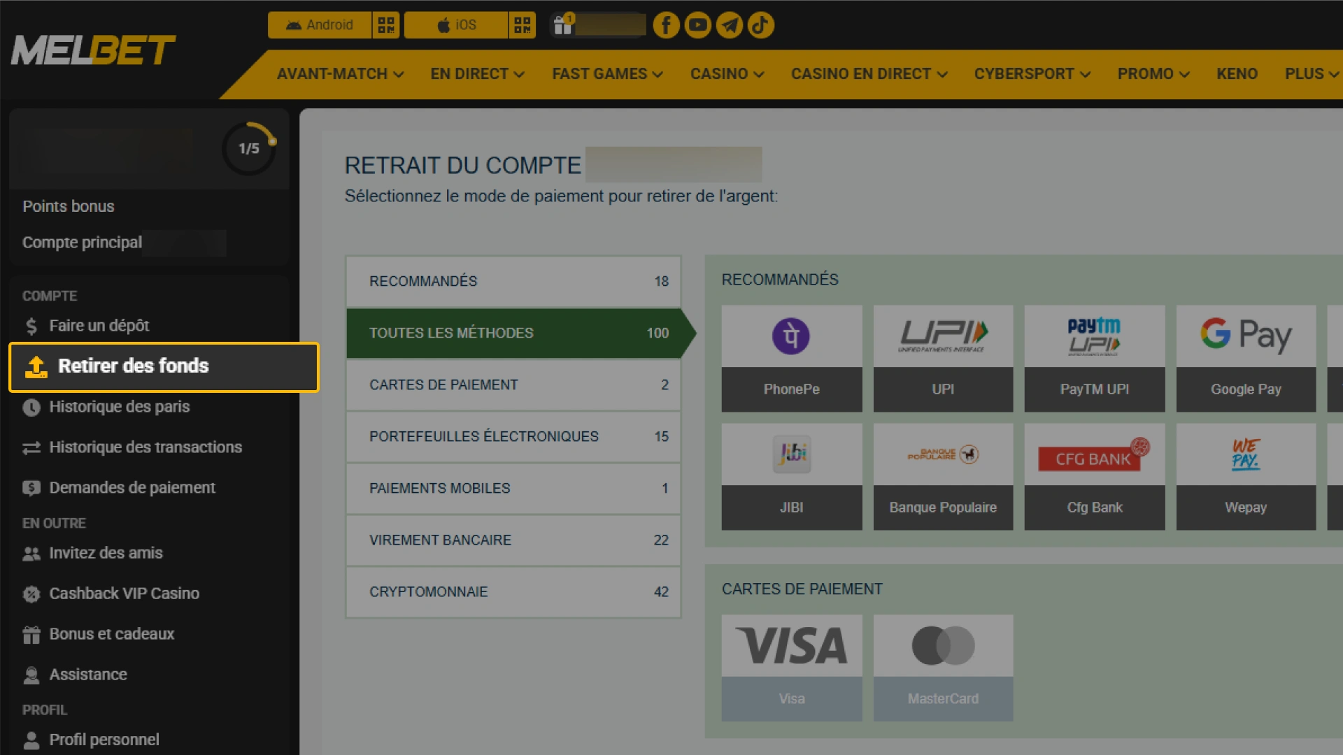 Accédez à votre profil joueur pour retirer vos gains sur Melbet.