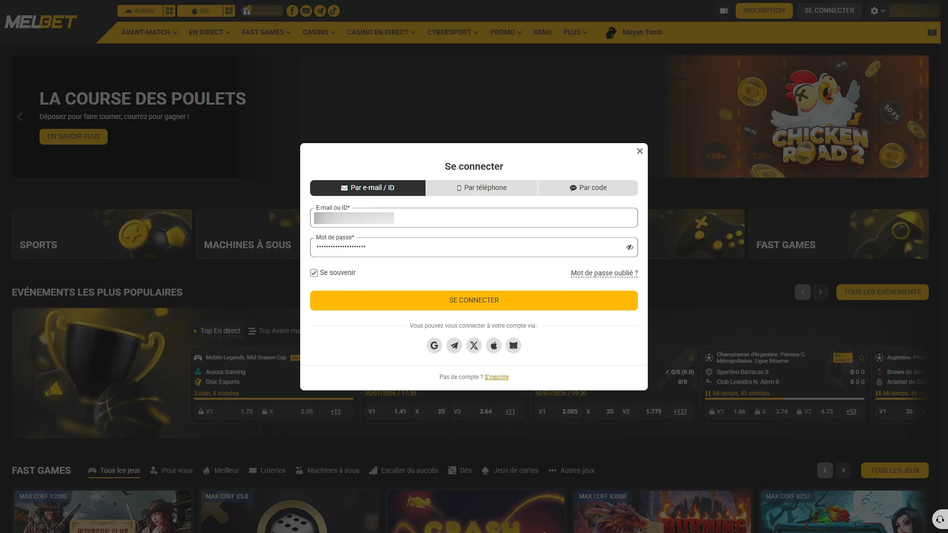 Connectez-vous à votre espace utilisateur pour alimenter votre compte Melbet.